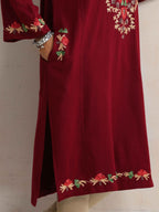 trueBrowns Maroon Kashmiri Embroidered Woollen Phiran Kurta | Grocsy