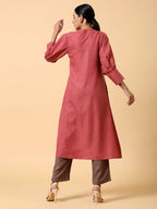 trueBrowns Cotton Linen Rust Red Kurta Pant Set | Grocsy