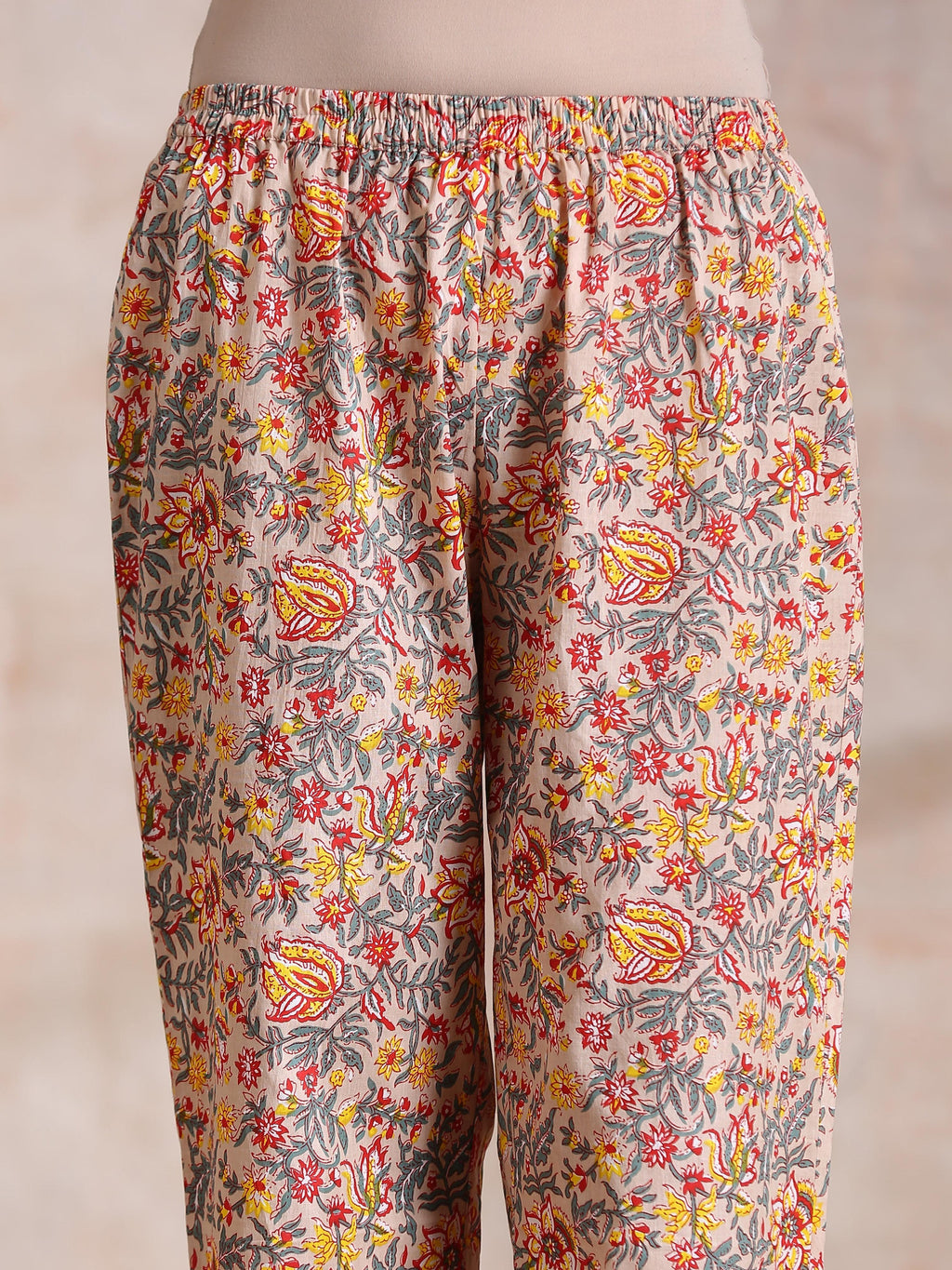 trueBrowns Multicolor Beige Overall Floral Block Print Cotton Kaftan Co-Ord Set | Grocsy