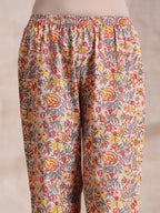 trueBrowns Multicolor Beige Overall Floral Block Print Cotton Kaftan Co-Ord Set | Grocsy