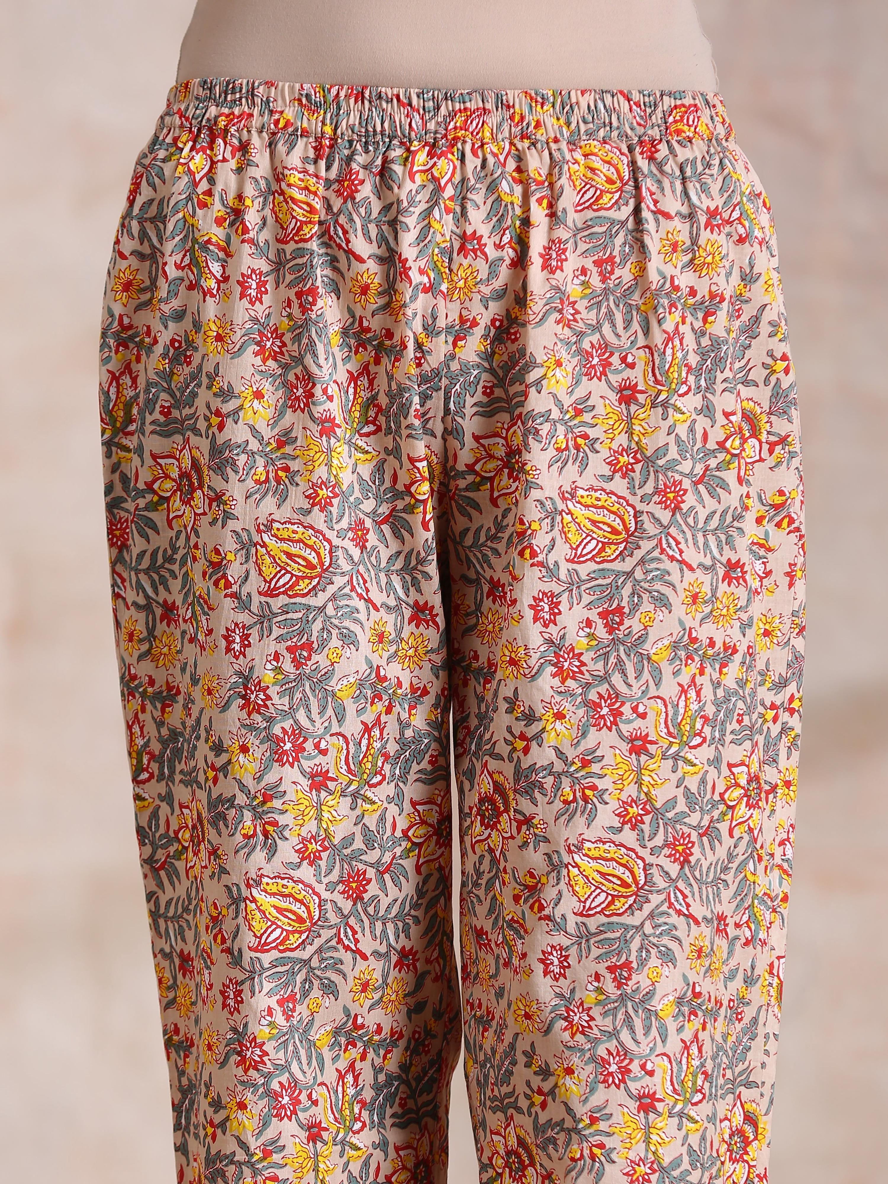 trueBrowns Multicolor Beige Overall Floral Block Print Cotton Kaftan Co-Ord Set | Grocsy
