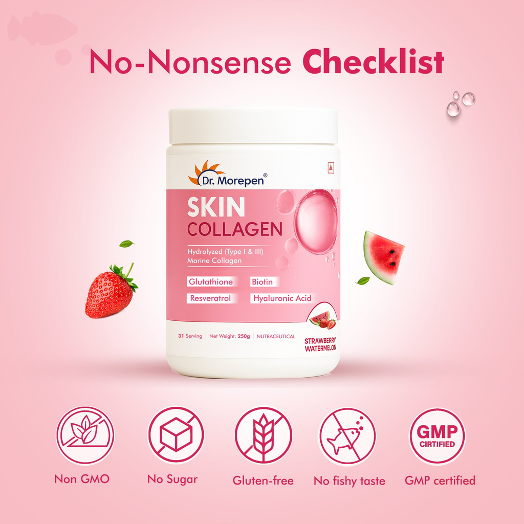 DR. Morepen Skin Collagen Powder with Glutathione, Hyaluronic Acid, Resveratrol &amp; Biotin Strawberry Watermelon Flavour | Grocsy
