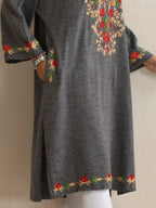 trueBrowns Grey Kashmiri Embroidered Woollen Phiran Kurta | Grocsy