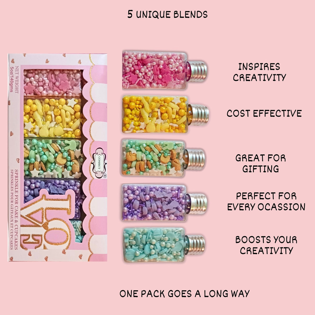 Confect Easter Sprinkles Edible | Mix Parrot Green, Pink, Sky Blue and Yellow Pearls & Stars Pack Of 5 (EAST 5) - 100Gms | Grocsy