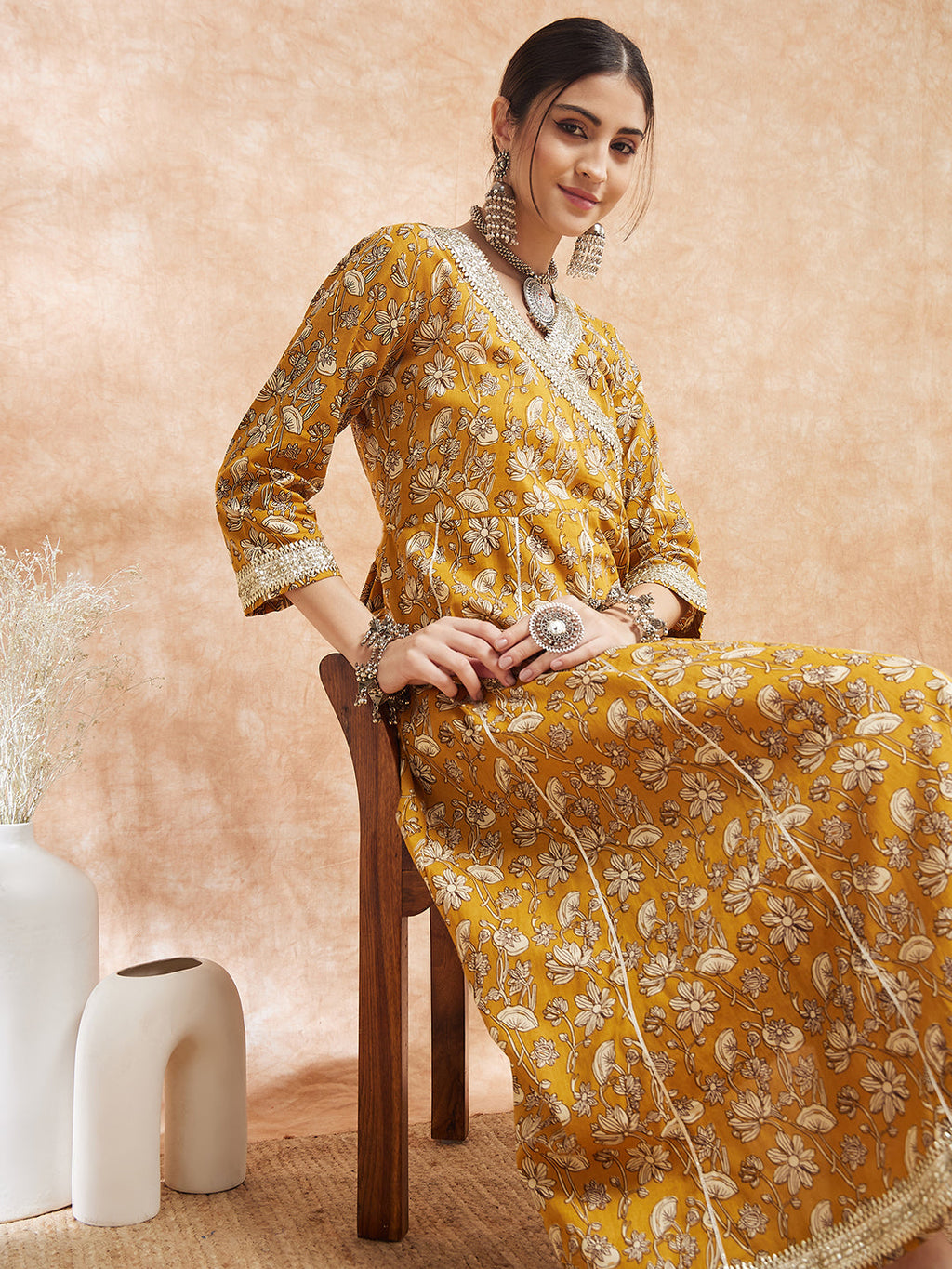 InWeave Women's Mustard Printed Gota Embroidered Anarkali Kurta | Grocsy