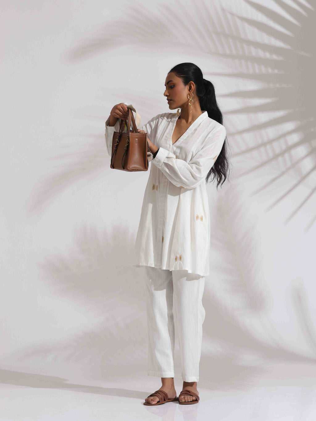 trueBrowns Off-White Cotton Embroidered A-line Co-ord Set | Grocsy