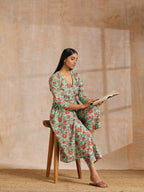 trueBrowns Seafoam Green Overall Floral Block Print Cotton Angrakha Pant Set | Grocsy