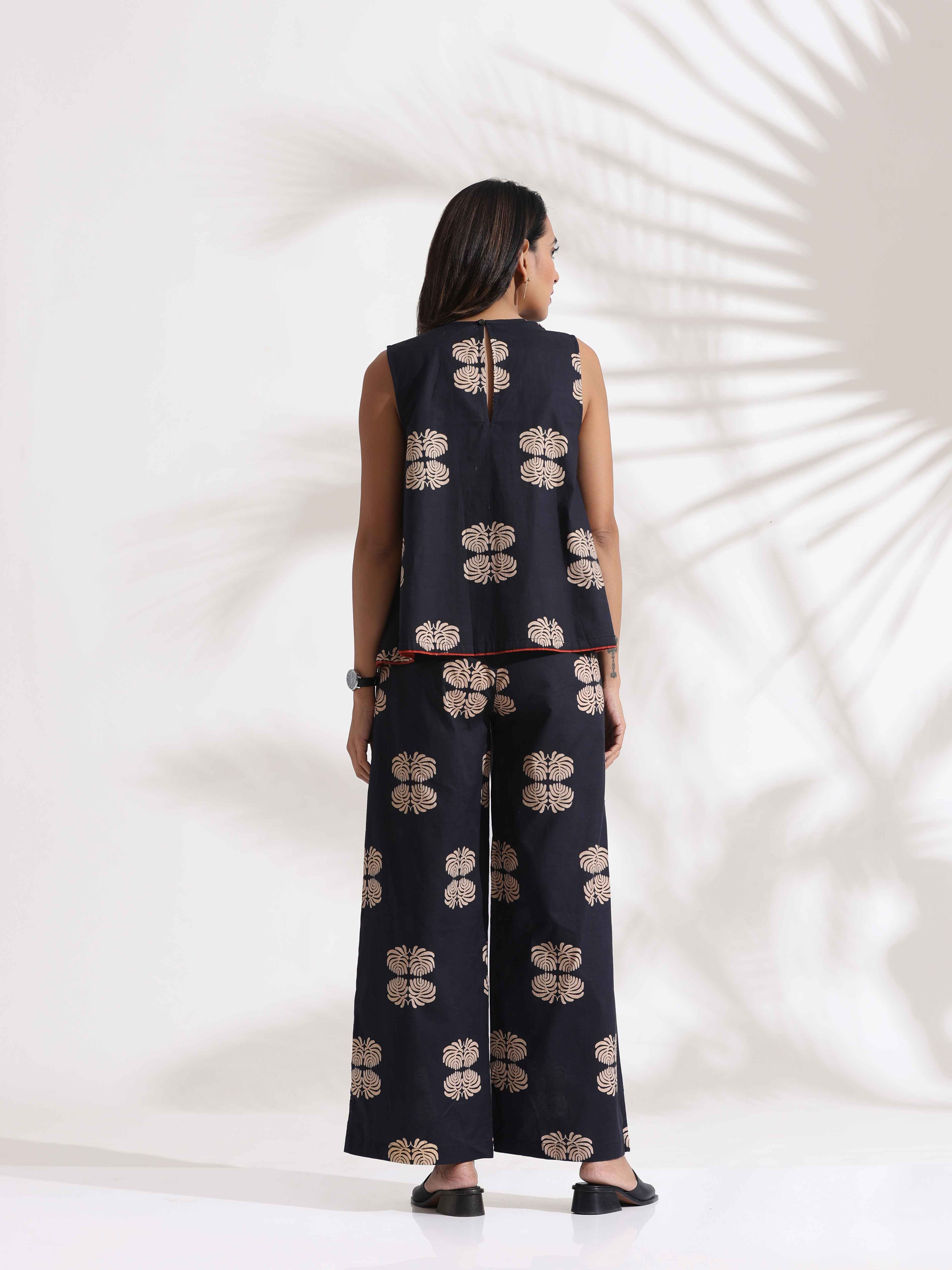 trueBrowns Black Cotton Print Top & Flared Pants Co-ord Set | Grocsy