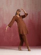 trueBrowns Brown Cotton Dobby Kurta Co-ord set | Grocsy
