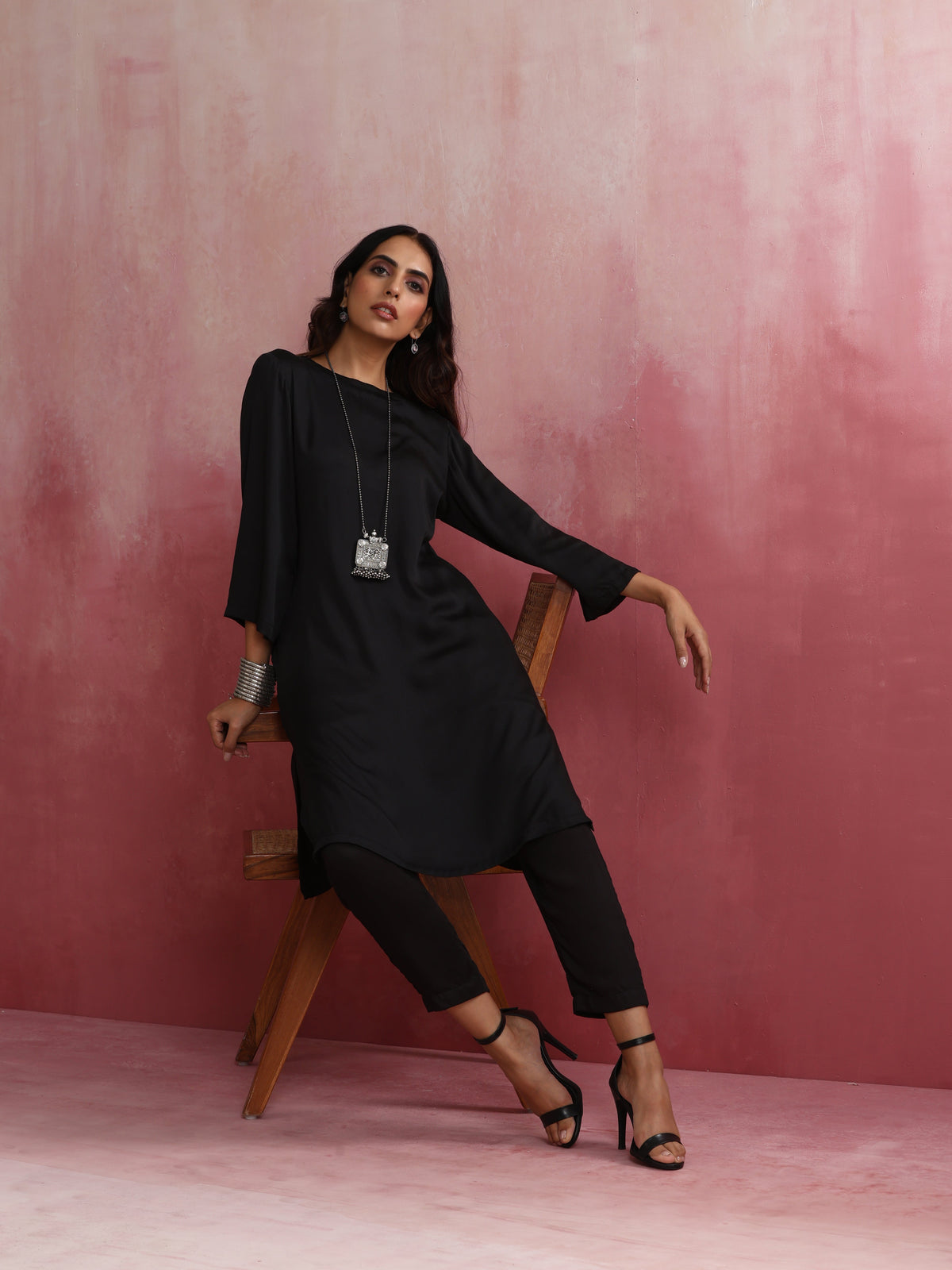 trueBrowns Black Modal Round Neck Kurta Co-ord Set | Grocsy