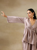 trueBrowns Grey Textured Silk Deep V-Neck Co-Ord Set | Grocsy