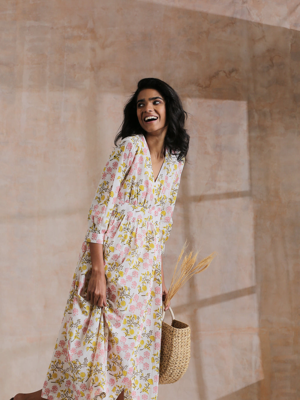 trueBrowns Pink Yellow Floral On White Block Print Cotton Wrap Dress | Grocsy