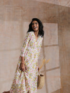 trueBrowns Pink Yellow Floral On White Block Print Cotton Wrap Dress | Grocsy