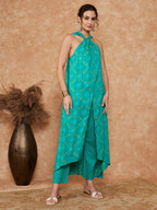 InWeave Women's Aqua S Print Twisted Neckline Kurta Pant Set | Grocsy
