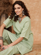 InWeave Women's Sage Green Kantha Lace Wrok Kimono Sleeve Kurta Set | Grocsy