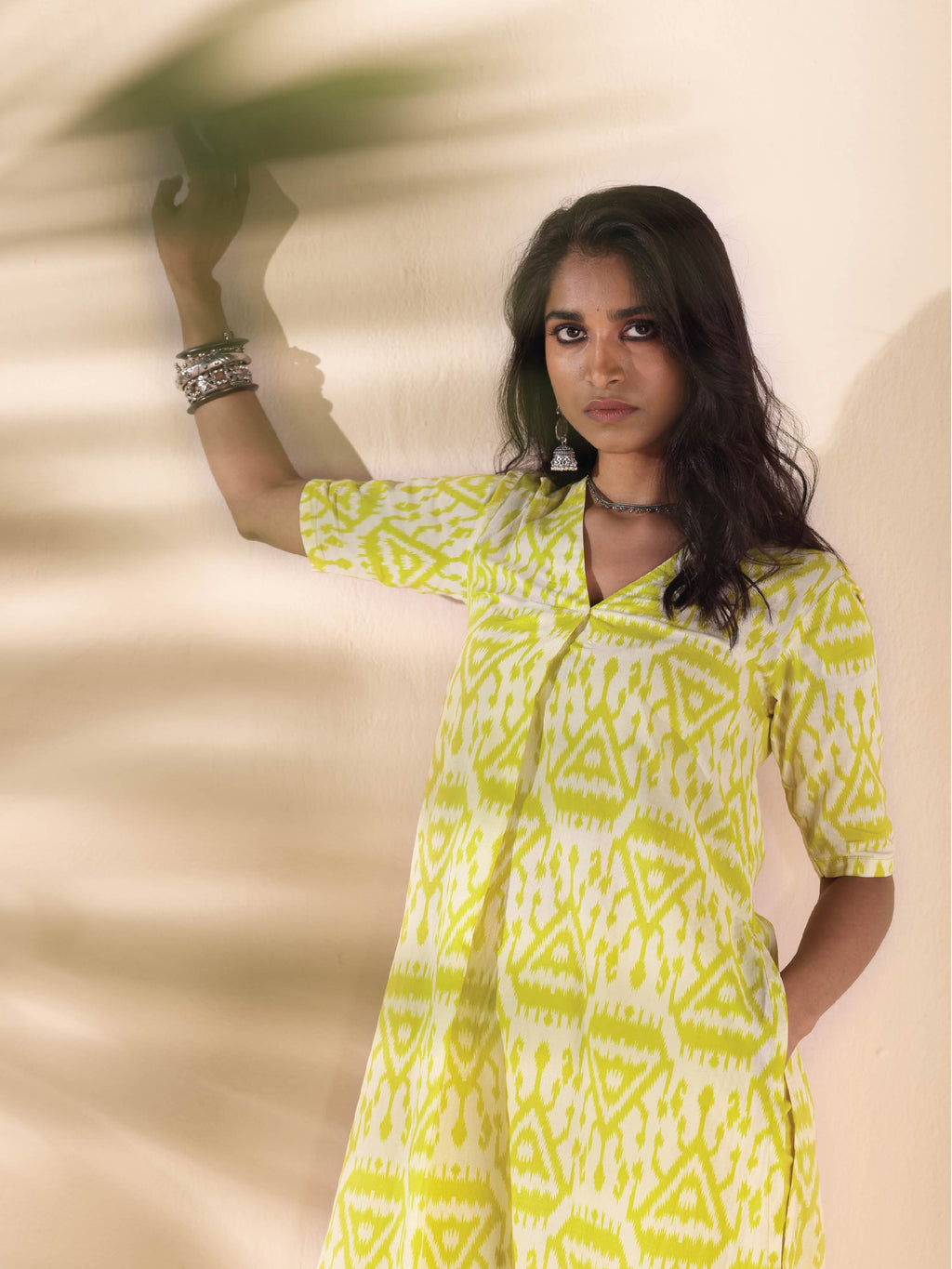 trueBrowns Lime Cotton Ikat Kurta Pant Set | Grocsy