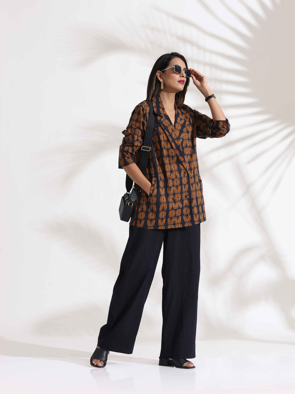 trueBrowns Black Cotton Print Jacket Top Co-ord Set | Grocsy
