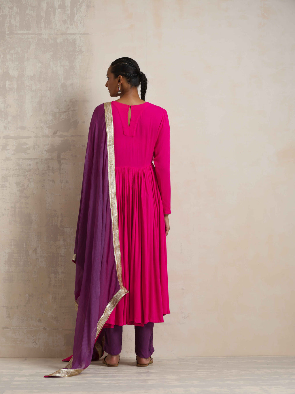trueBrowns Pink Crinkle Anarkali Kurta Pant Dupatta Set | Grocsy