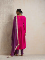 trueBrowns Pink Crinkle Anarkali Kurta Pant Dupatta Set | Grocsy