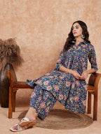 InWeave Women's Blue Green Pink Floral Print Flared Kurta Pant Set | Grocsy