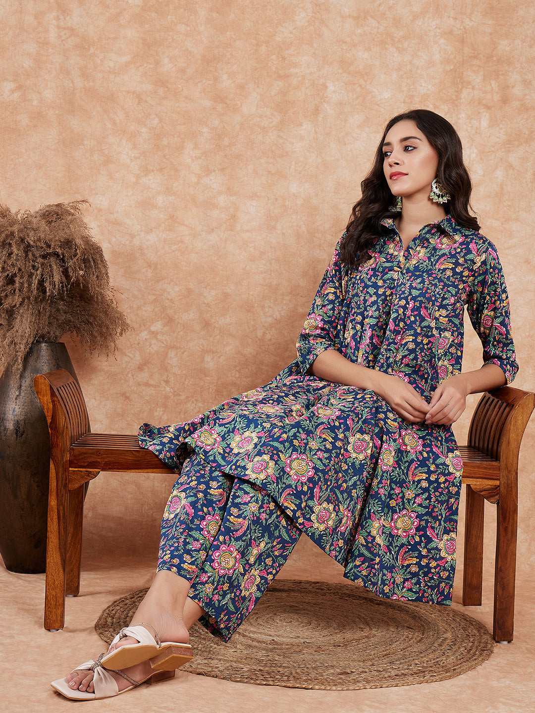 InWeave Women's Blue Green Pink Floral Print Flared Kurta Pant Set | Grocsy