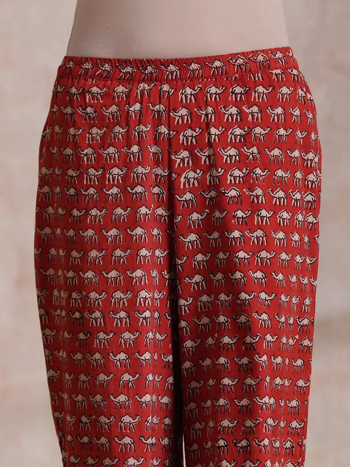 trueBrowns Rust Red Bagru Camel Print Cotton High-Low Co-Ord Set | Grocsy
