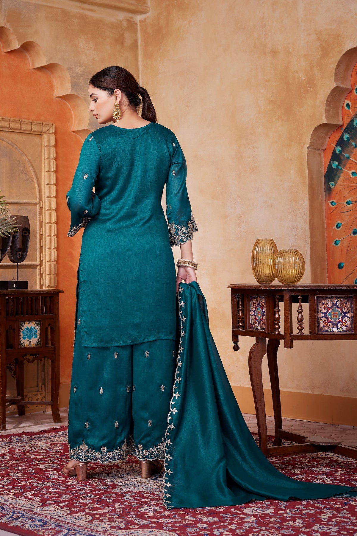 Anaita Teal Readymade Suit with Embroidery Work | Grocsy