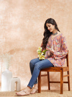 InWeave Women's Dove Grey Floral Digital Print Kaftan Boho Top | Grocsy