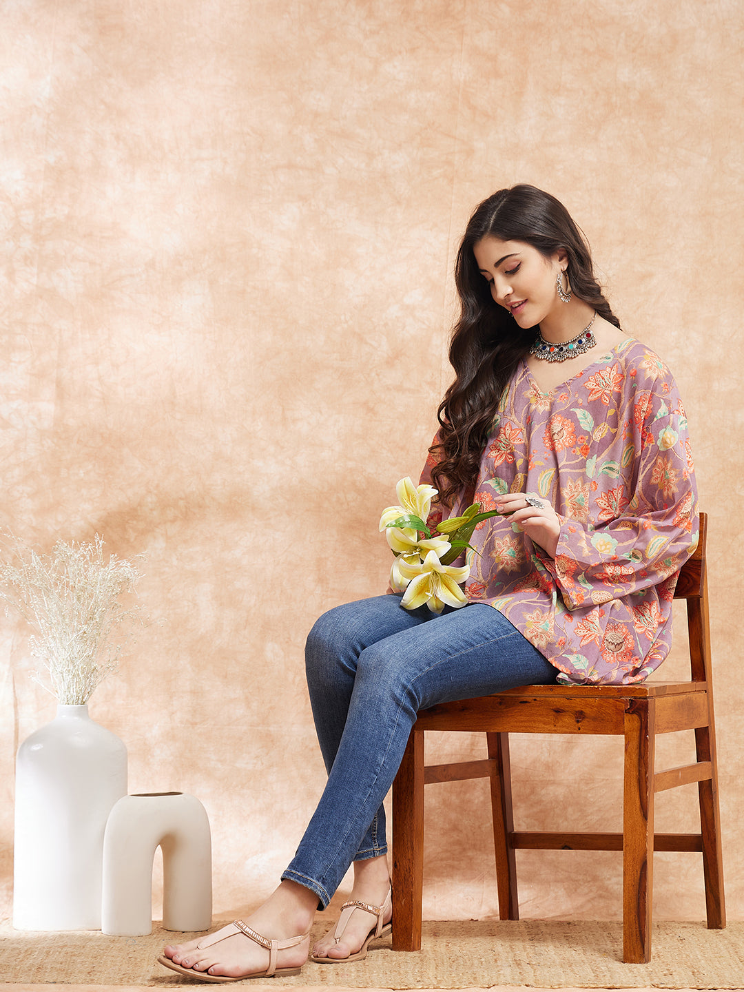 InWeave Women's Dove Grey Floral Digital Print Kaftan Boho Top | Grocsy