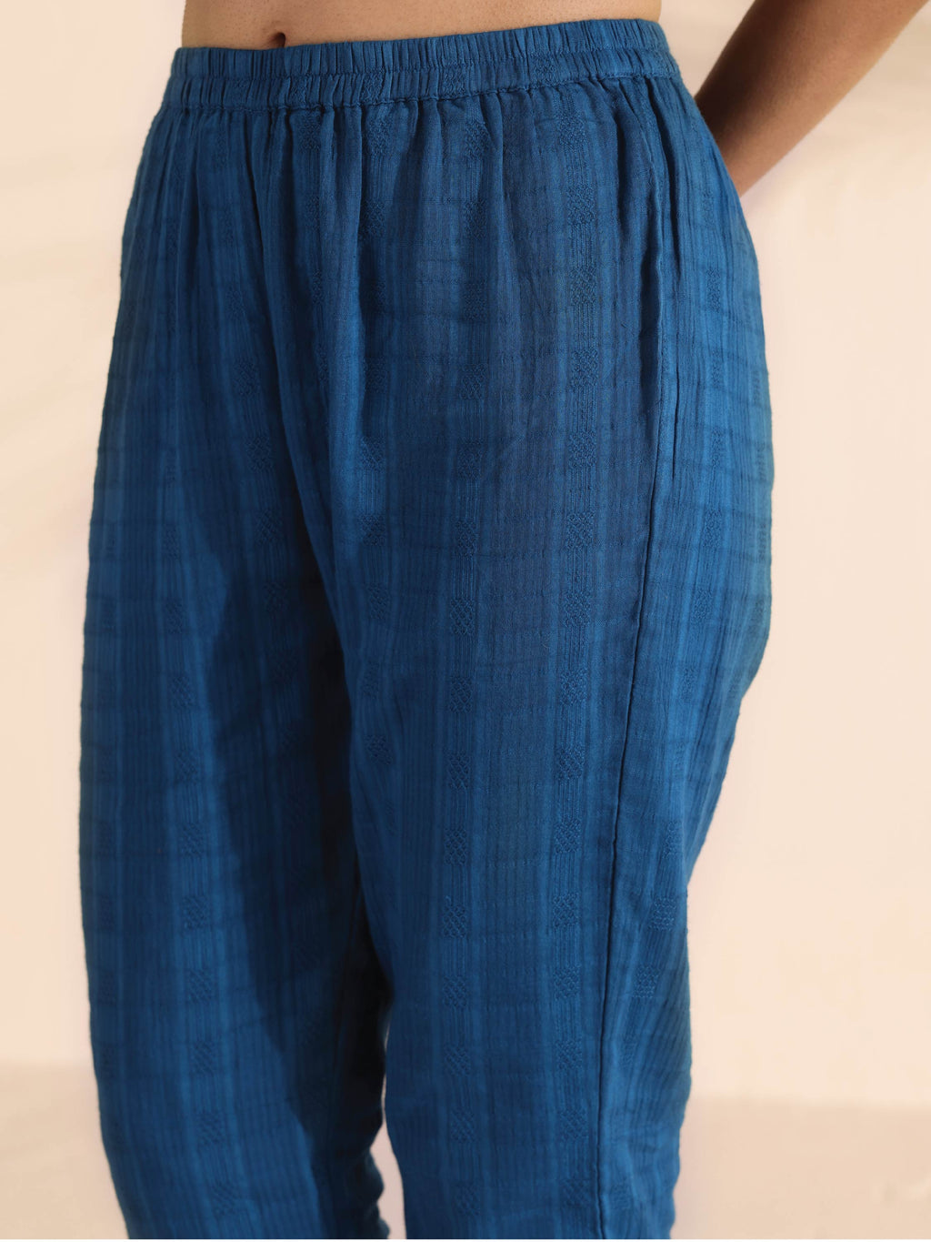 trueBrowns Blue Cotton Dobby Flared Kurta Pant Set | Grocsy