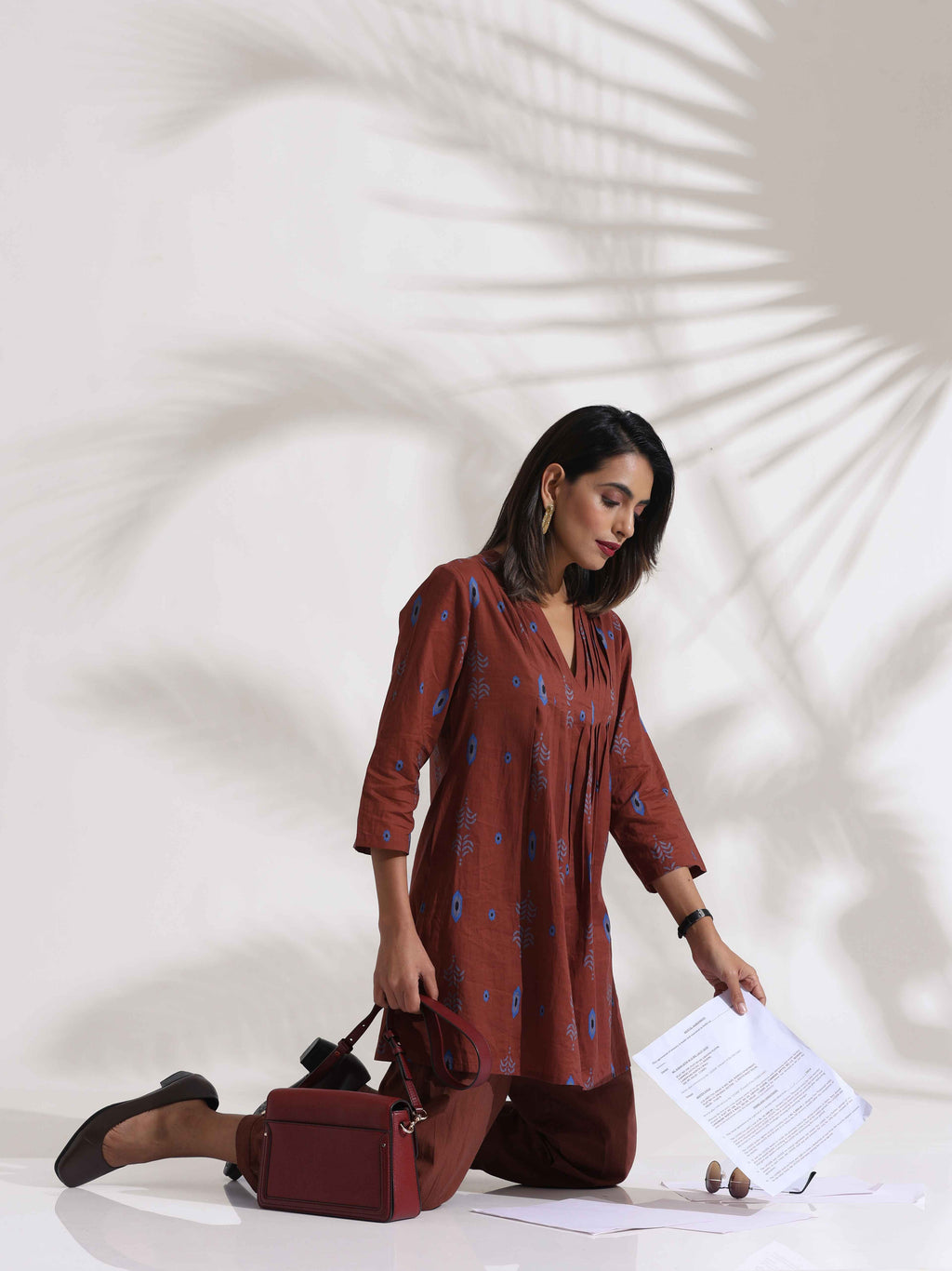 trueBrowns Brown Cotton Print Pleated Top & Pants Co-ord Set | Grocsy