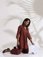 trueBrowns Brown Cotton Print Pleated Top & Pants Co-ord Set | Grocsy