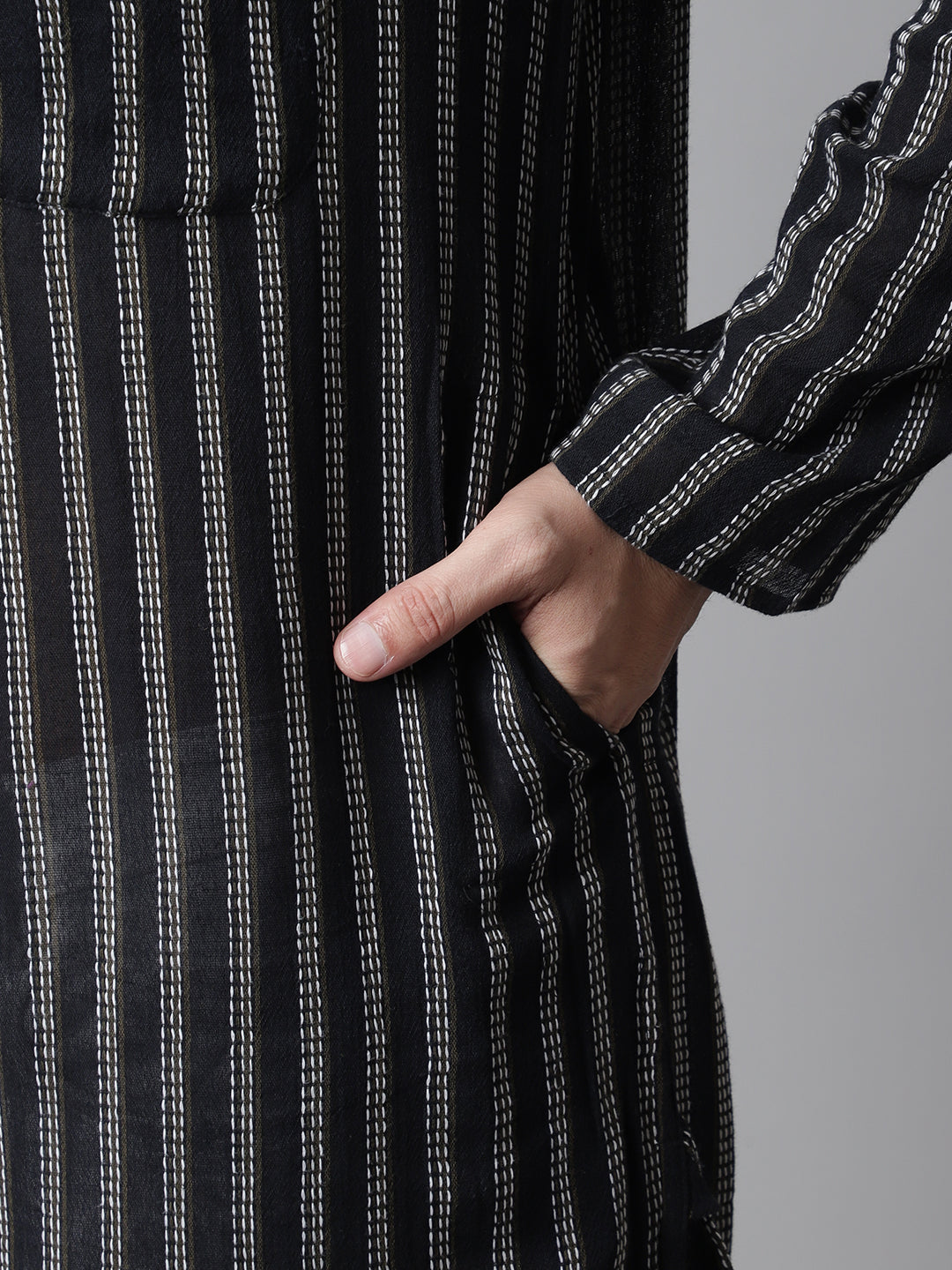 Even Apparels Black Pure Cotton Kurta With Band Collar | Grocsy
