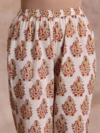 trueBrowns White With Red Yellow Buta Block Print Cotton Kurta Pant Dupatta Set | Grocsy