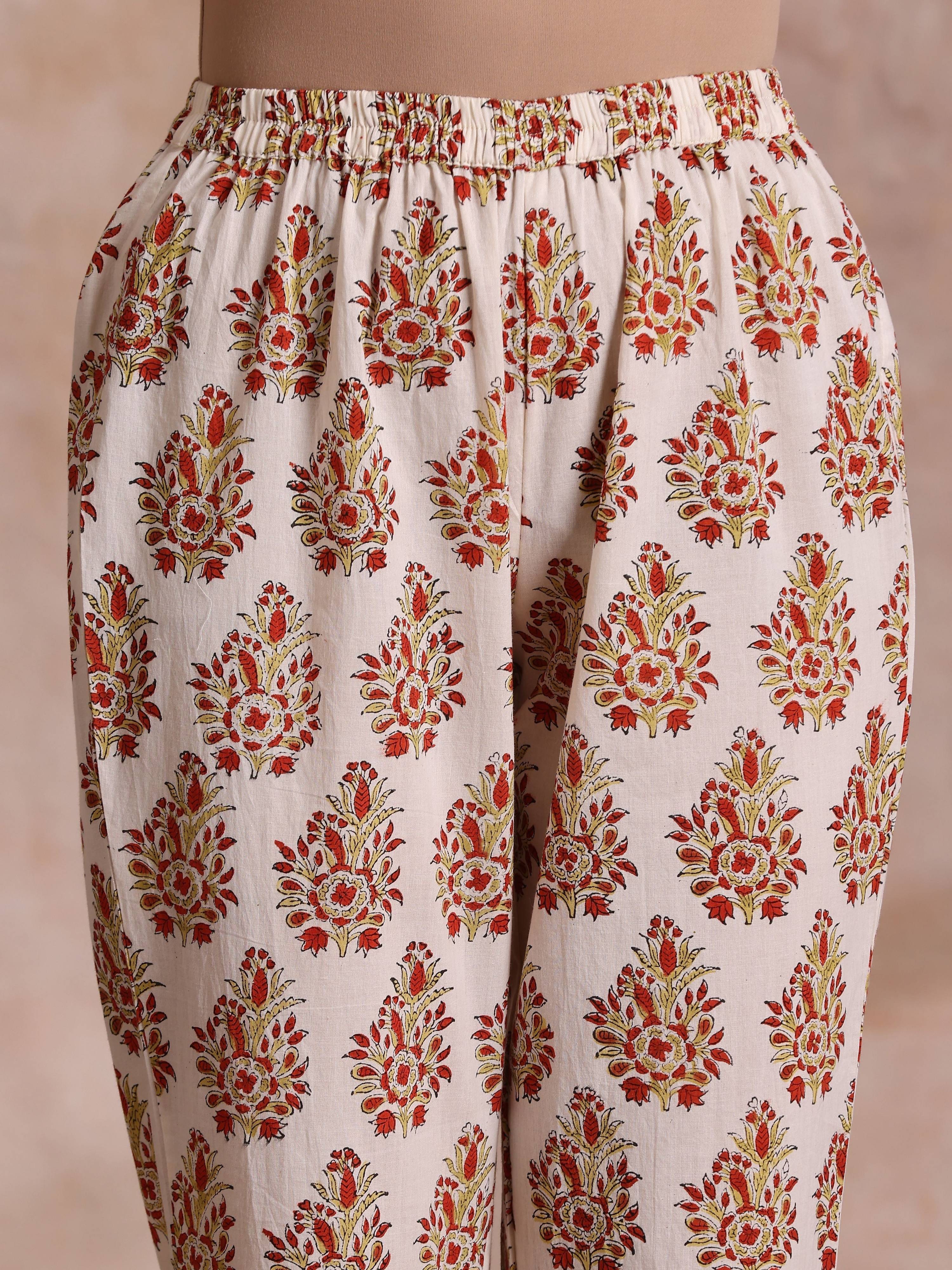 trueBrowns White With Red Yellow Buta Block Print Cotton Kurta Pant Dupatta Set | Grocsy
