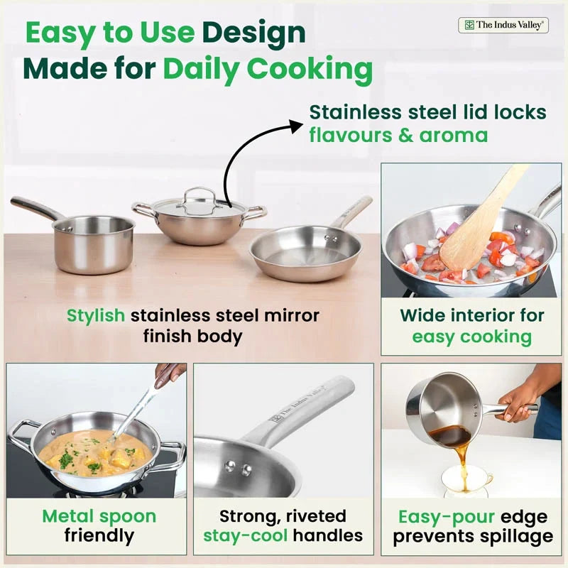 The Indus Valley TurboCuk Tri-ply Stainless Steel Cookware Set: 24cm Kadai with Lid + 22cm Fry Pan + 16cm Sauce pan, Premium Quality, 3 Layer Thick Body, 100% Toxin-free, Non-stick, Induction & Gas | Grocsy
