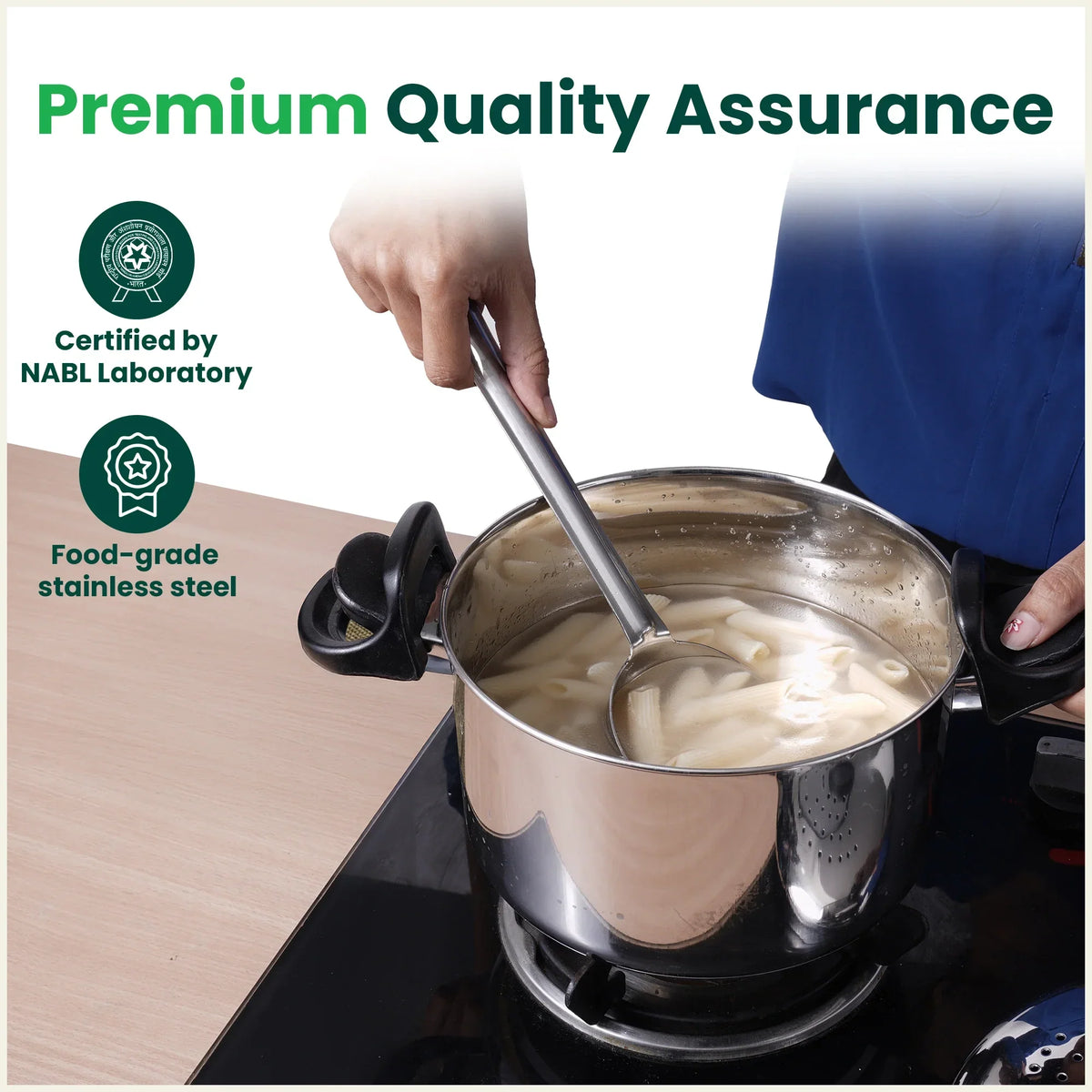 The Indus Valley Tri-steel Stainless Steel Rice Pot with Strainer Lid & Lockable Bakelite Handles, Tri-ply 3-Layer Heavy Bottom | Noodle/Pasta/Corn/Soya/Veggies Boiler Pot, Steamer Cooker, Induction & Gas, 1.08 Kg, 19cm, 3.5 L | Grocsy