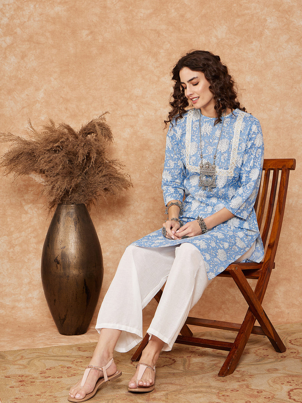 InWeave Women's Blue White Floral Square Lace Work Straight Kurta | Grocsy