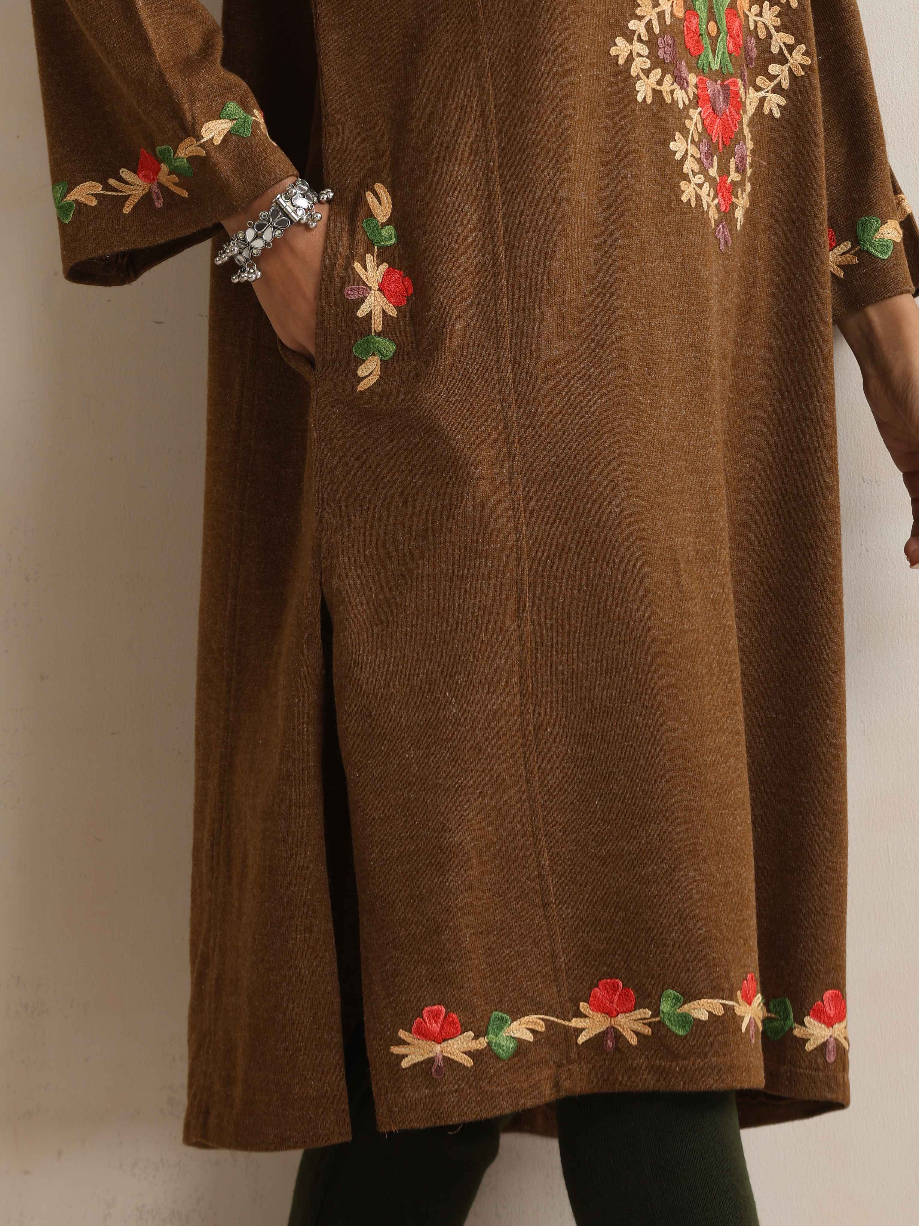 trueBrowns Brown Kashmiri Embroidered Woollen Phiran Kurta | Grocsy