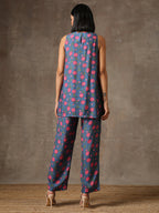 trueBrowns Blue Pink Printed Silk Co-Ord Set | Grocsy