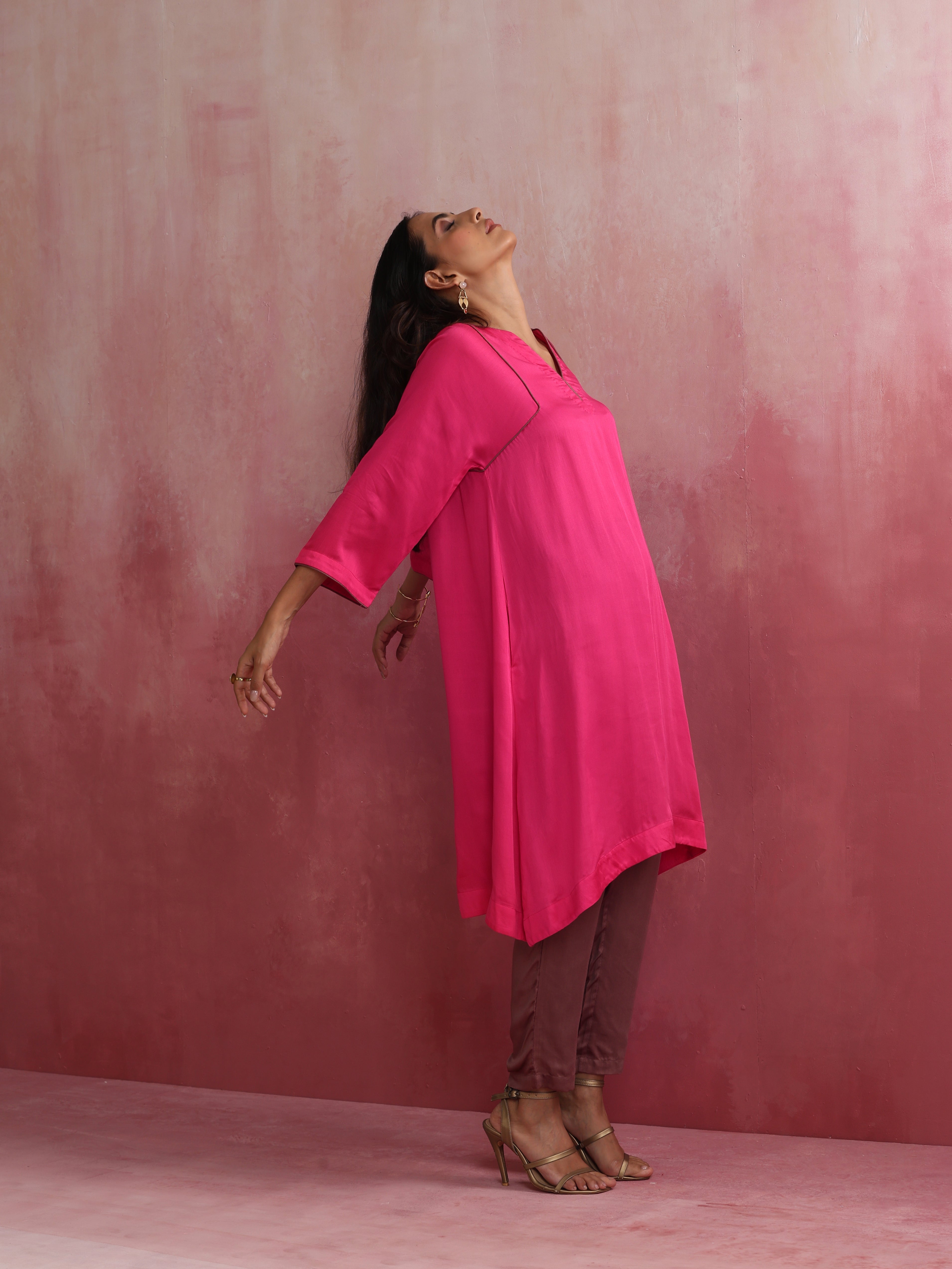 trueBrowns Pink Modal Kimono Kurta Set | Grocsy