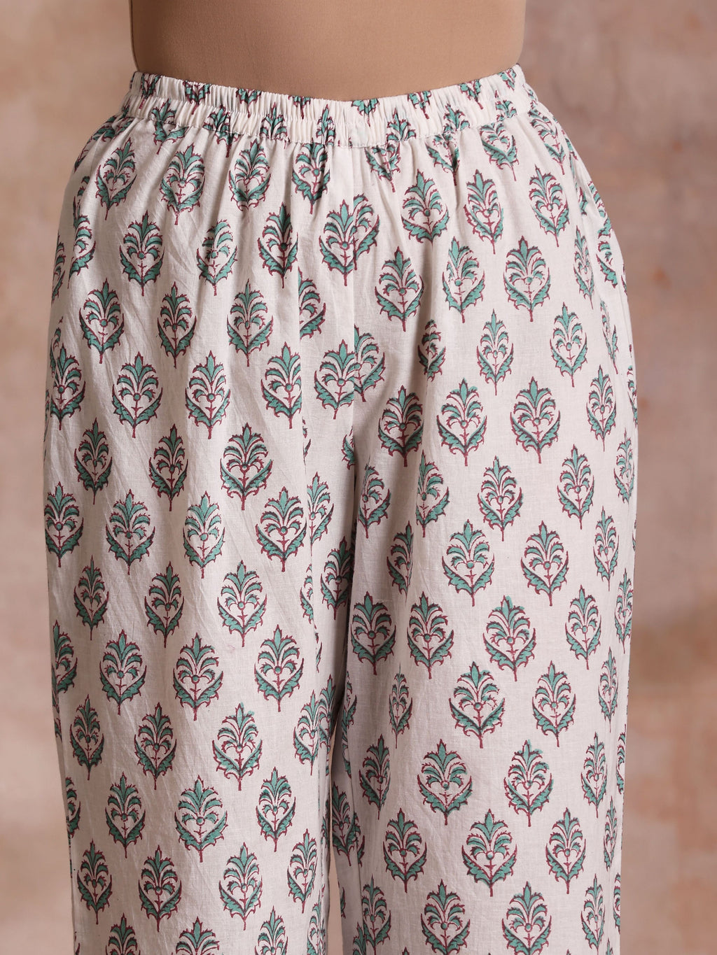 trueBrowns Tiffany Blue Floral Block Print Cotton Front Neck Gathered Kurta Pant Set | Grocsy