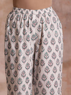 trueBrowns Tiffany Blue Floral Block Print Cotton Front Neck Gathered Kurta Pant Set | Grocsy