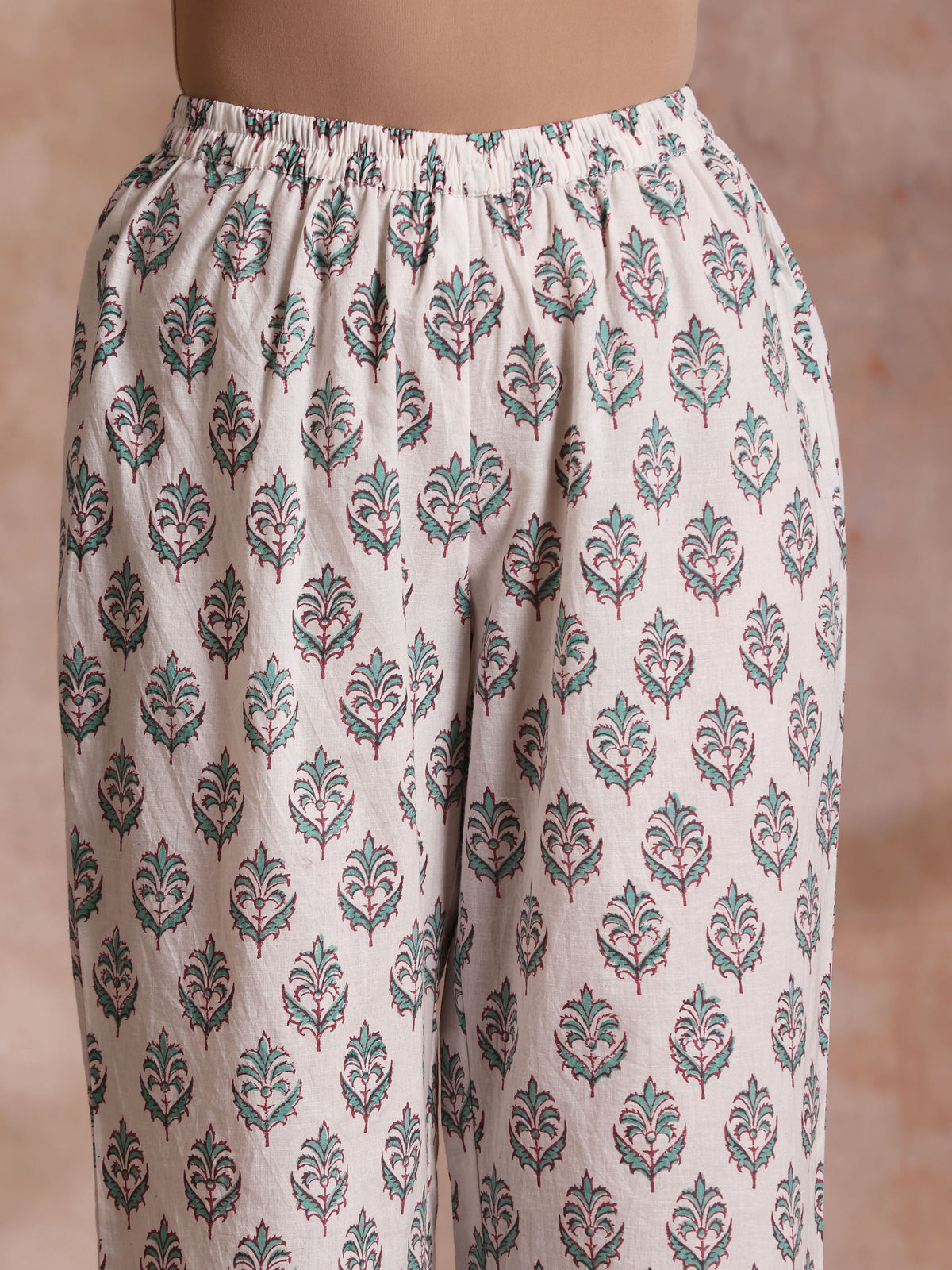 trueBrowns Tiffany Blue Floral Block Print Cotton Front Neck Gathered Kurta Pant Set | Grocsy