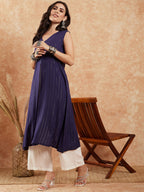 InWeave Royal Blue Lurex V-Neck W/S Front Slit Kurta Pant Set | Grocsy