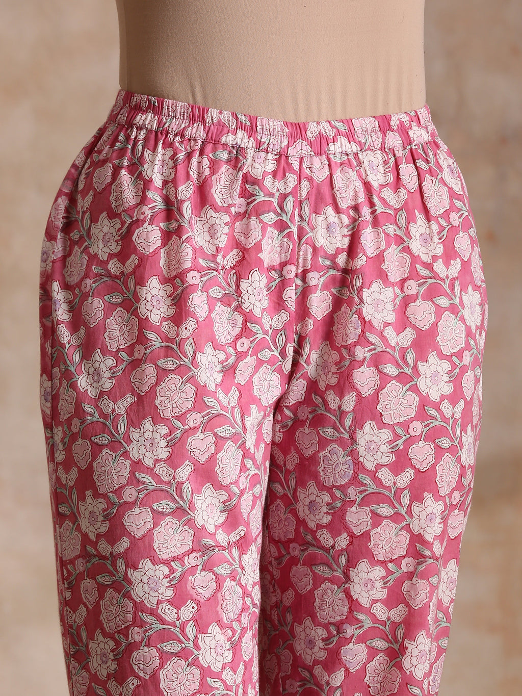 trueBrowns Pink Overall Floral Block Print Cotton Flared Kurta Pant Set | Grocsy
