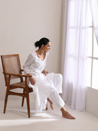 trueBrowns White Dobby Front Pleated Long Kurta Pant Set | Grocsy