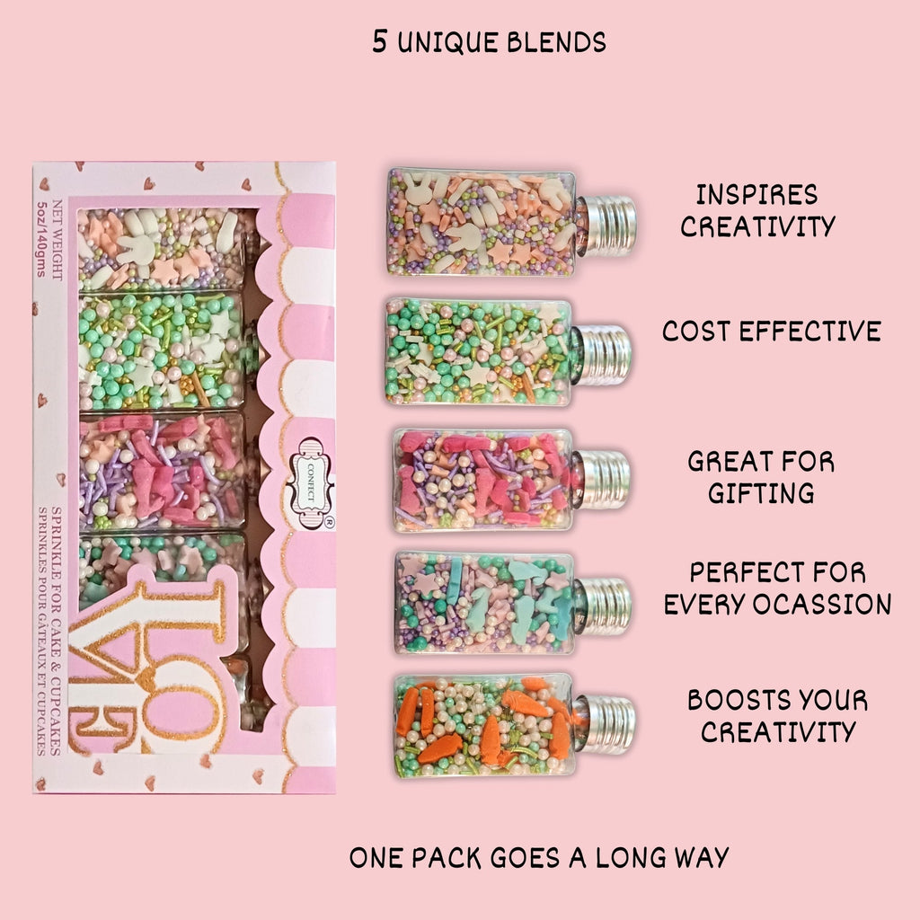 Confect Spring Sprinkles Edible | Vermecelli, Pearls & Stars Sprinkles Pack of 5 (EAST 4) - 100Gms | Grocsy