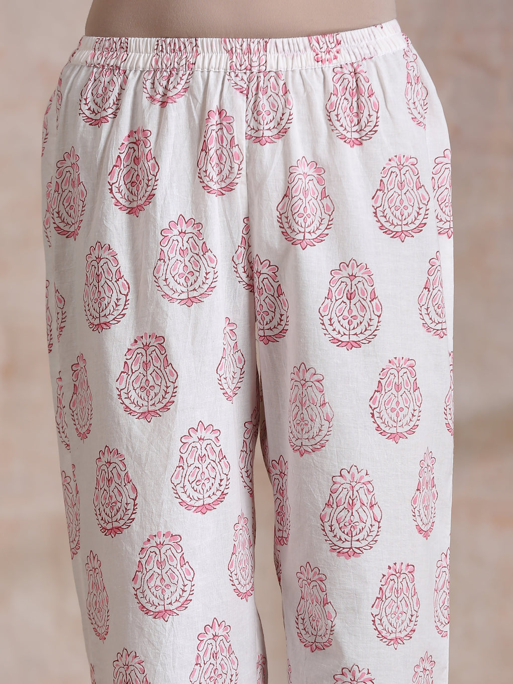 trueBrowns Pink Big Buta On White Print Cotton Panel Kaftan Kurta Pant Set | Grocsy