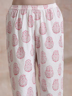 trueBrowns Pink Big Buta On White Print Cotton Panel Kaftan Kurta Pant Set | Grocsy